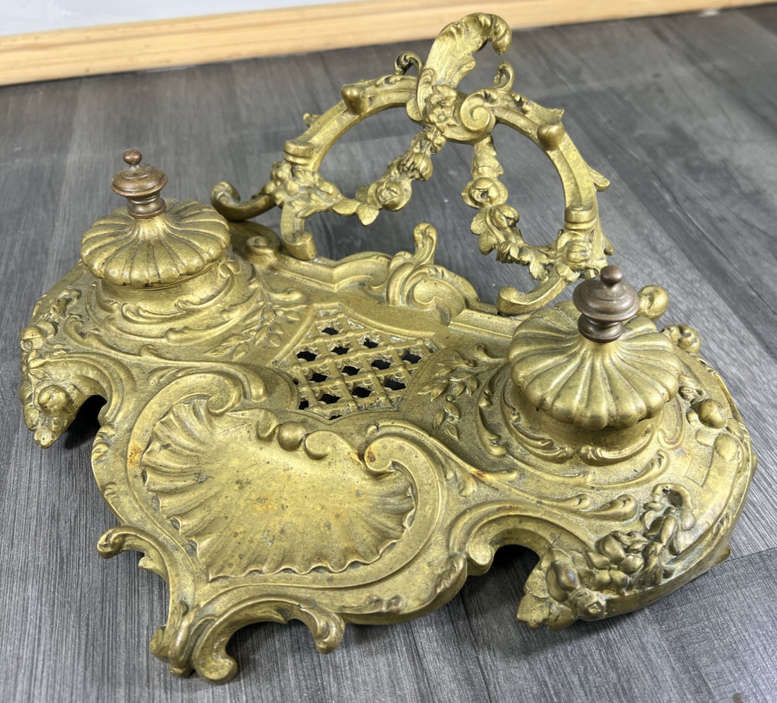 Inkwell Set Vintage French Brass Ornate Desk Stand Accessory LOT 46810