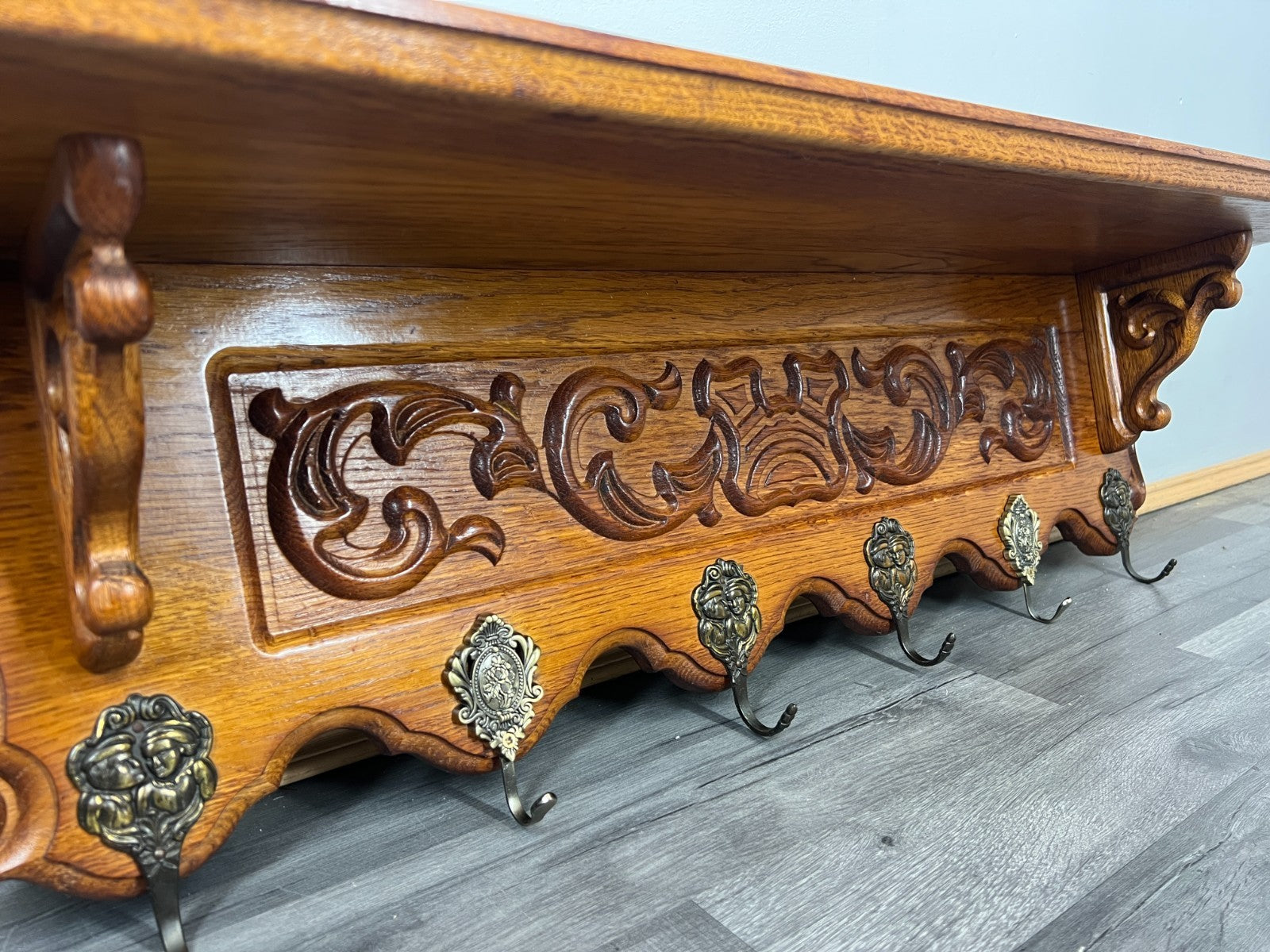 French Vintage Coat Rack Oak 6 Hooks Wall Shelf Carved Coat Hanger LOT 44952