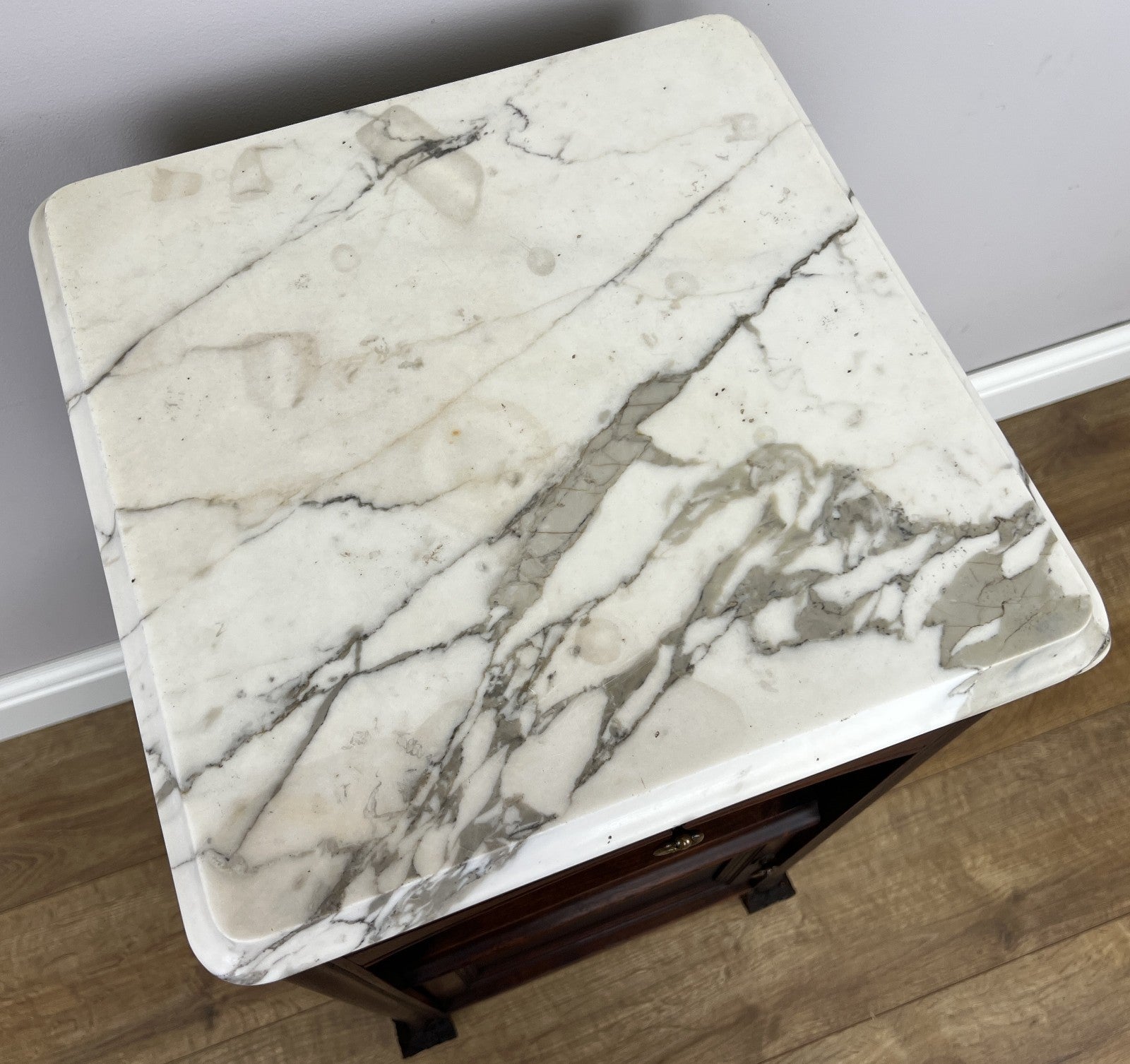 Bedside Table Antique French Style Marble Top Walnut Cabinet Nightstand LOT 62399