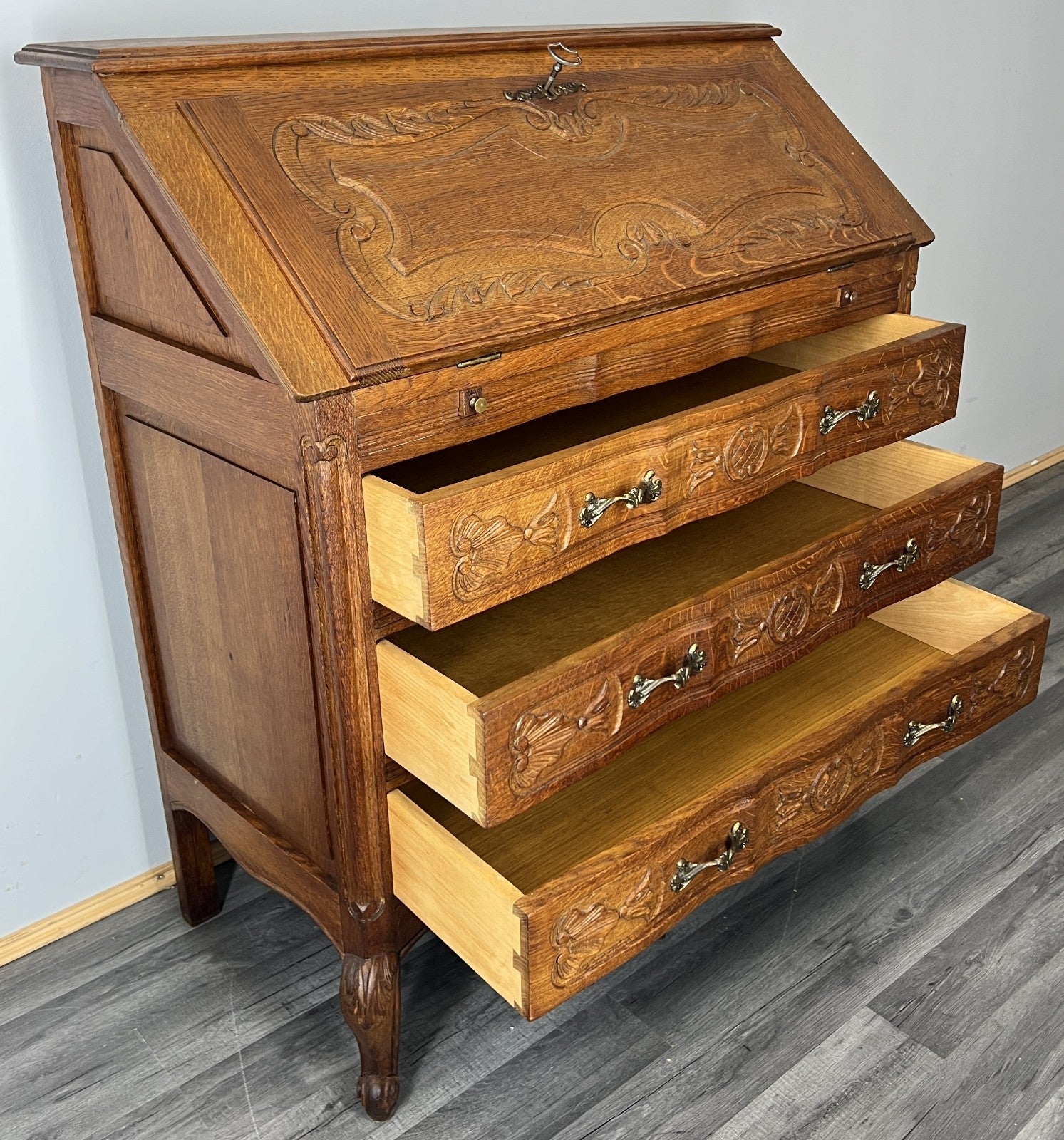 Secretaire Writing Desk Vintage French Louis Oak Rare Bureaux Cabinet LOT 446313