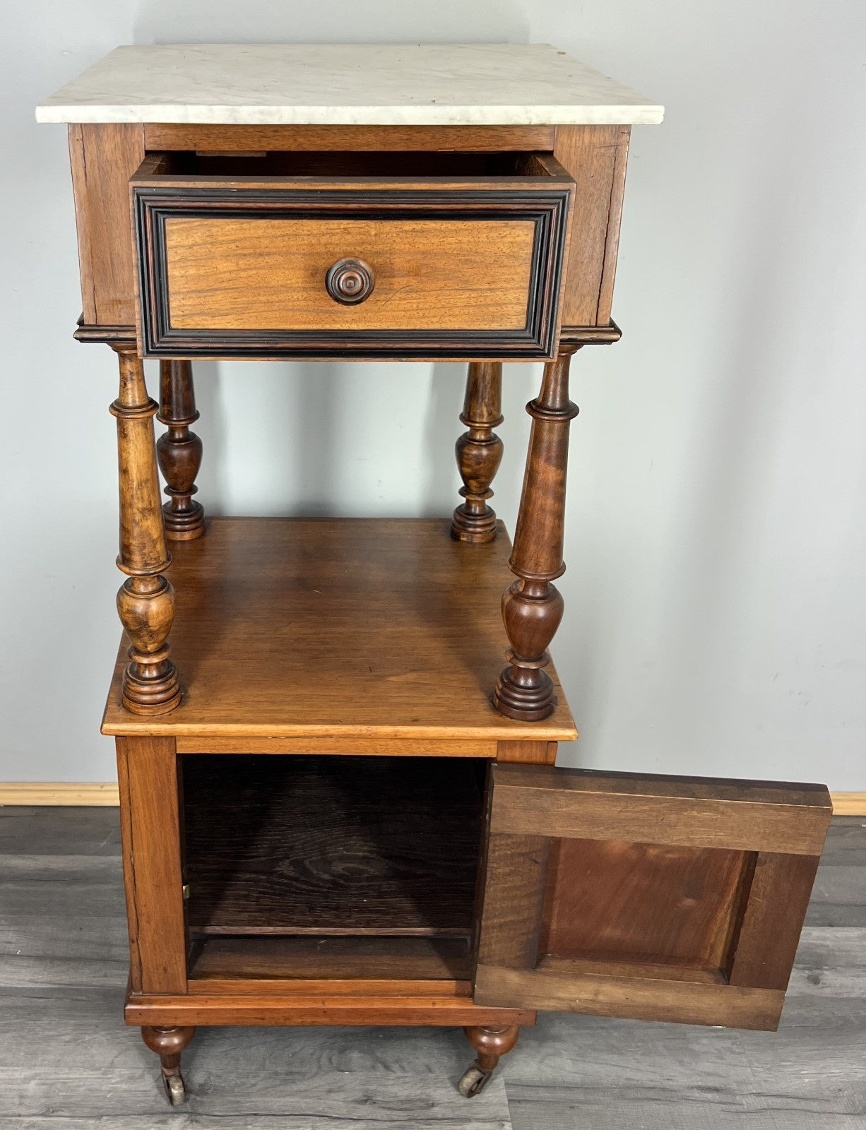 Bedside Table Antique French Style Marble Top Walnut Cupboard Cabinet LOT 40433