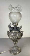 Lamp Antique Style Pewter Angel Table Lamp Pleated Glass Shade LOT 51690