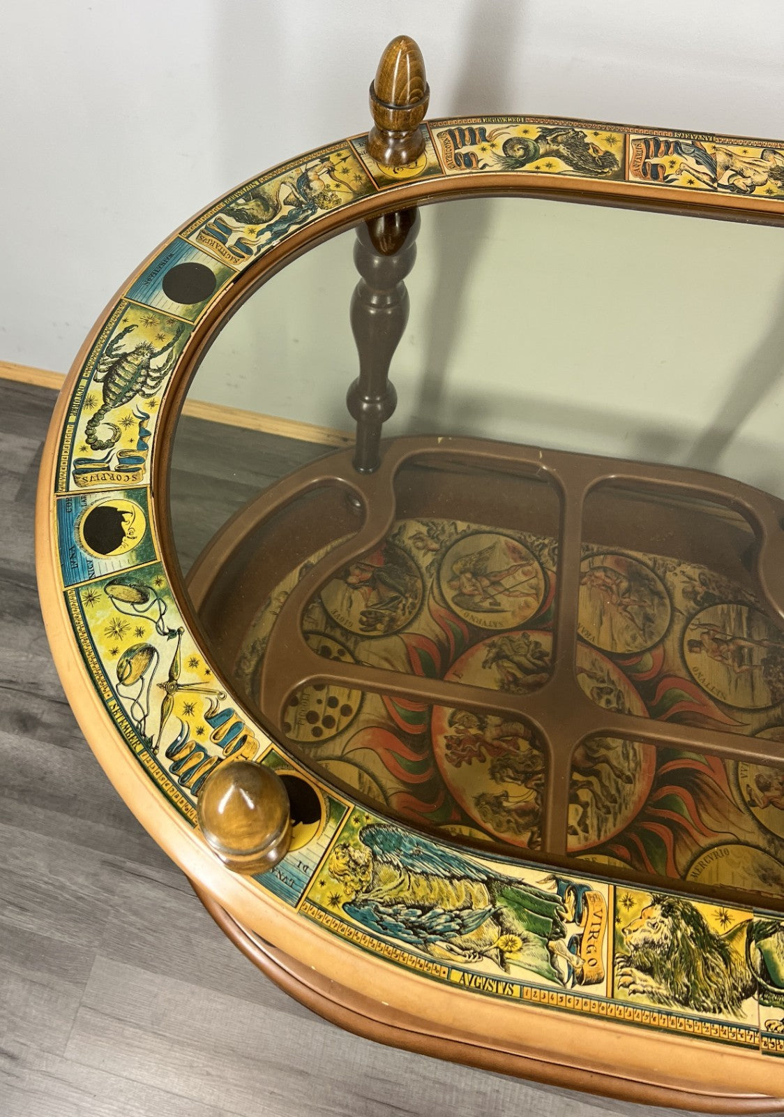 Bar Cart Vintage French Zodiac Drinks Trolley Glass Top Serving Table LOT 43942