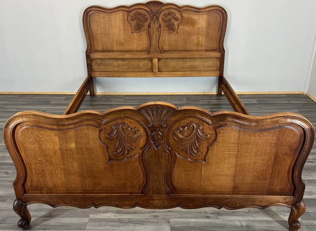 Bed Vintage French Louis XVI King Size Bed Frame Oak Carved Headboard LOT 46230