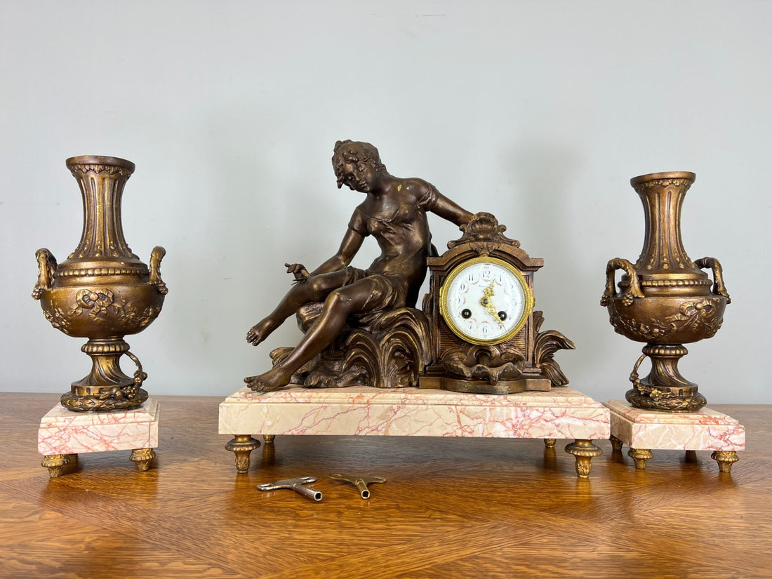 Mantel Clock Antique French Art Nouveau Style Bronze Garniture Set LOT 46390