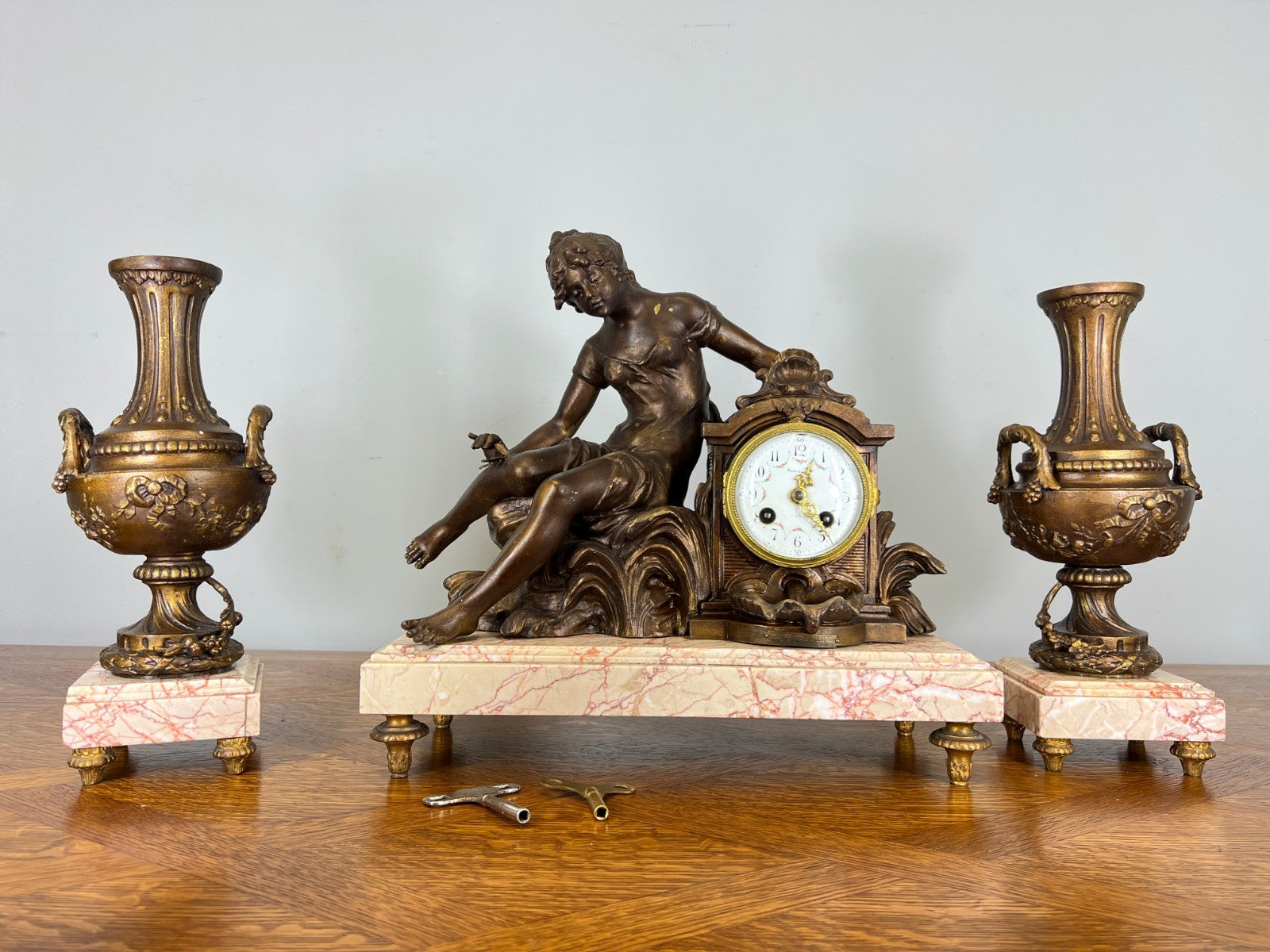 Mantel Clock Antique French Art Nouveau Style Bronze Garniture Set LOT 46390