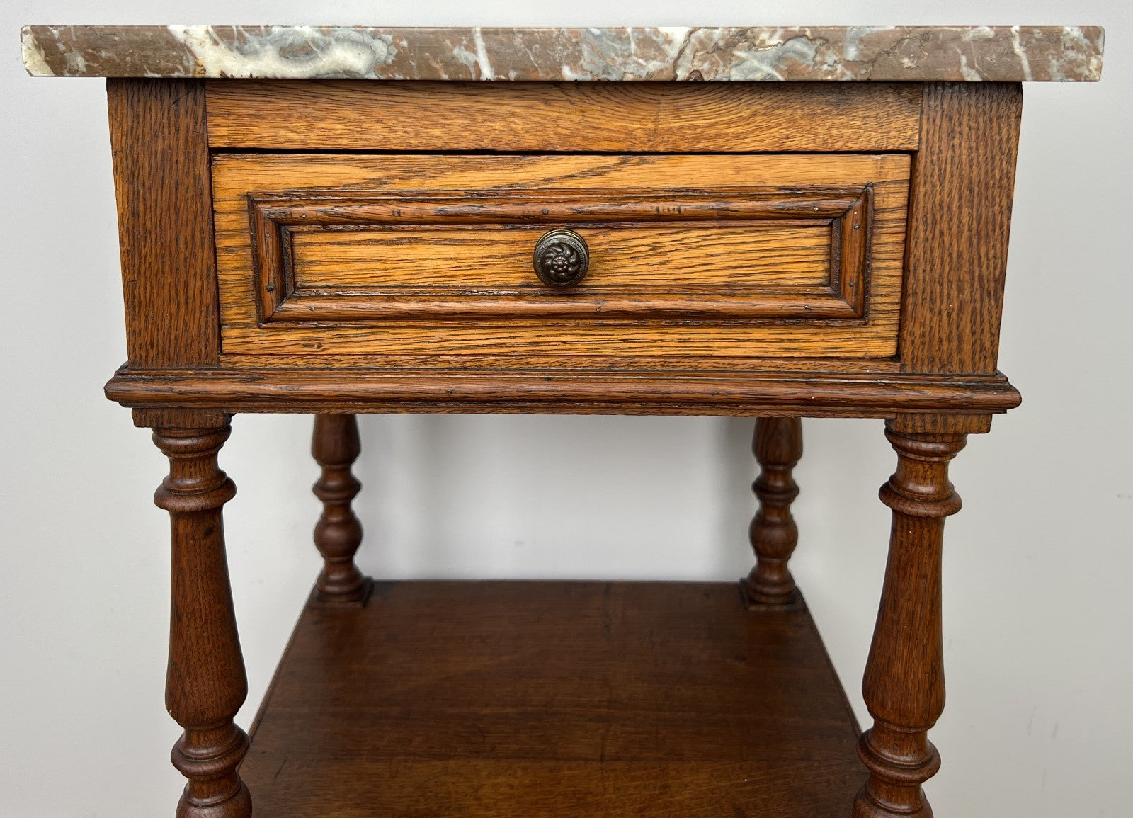 Bedside Table Antique French Style Marble Top Oak Cabinet Nightstand LOT 62433