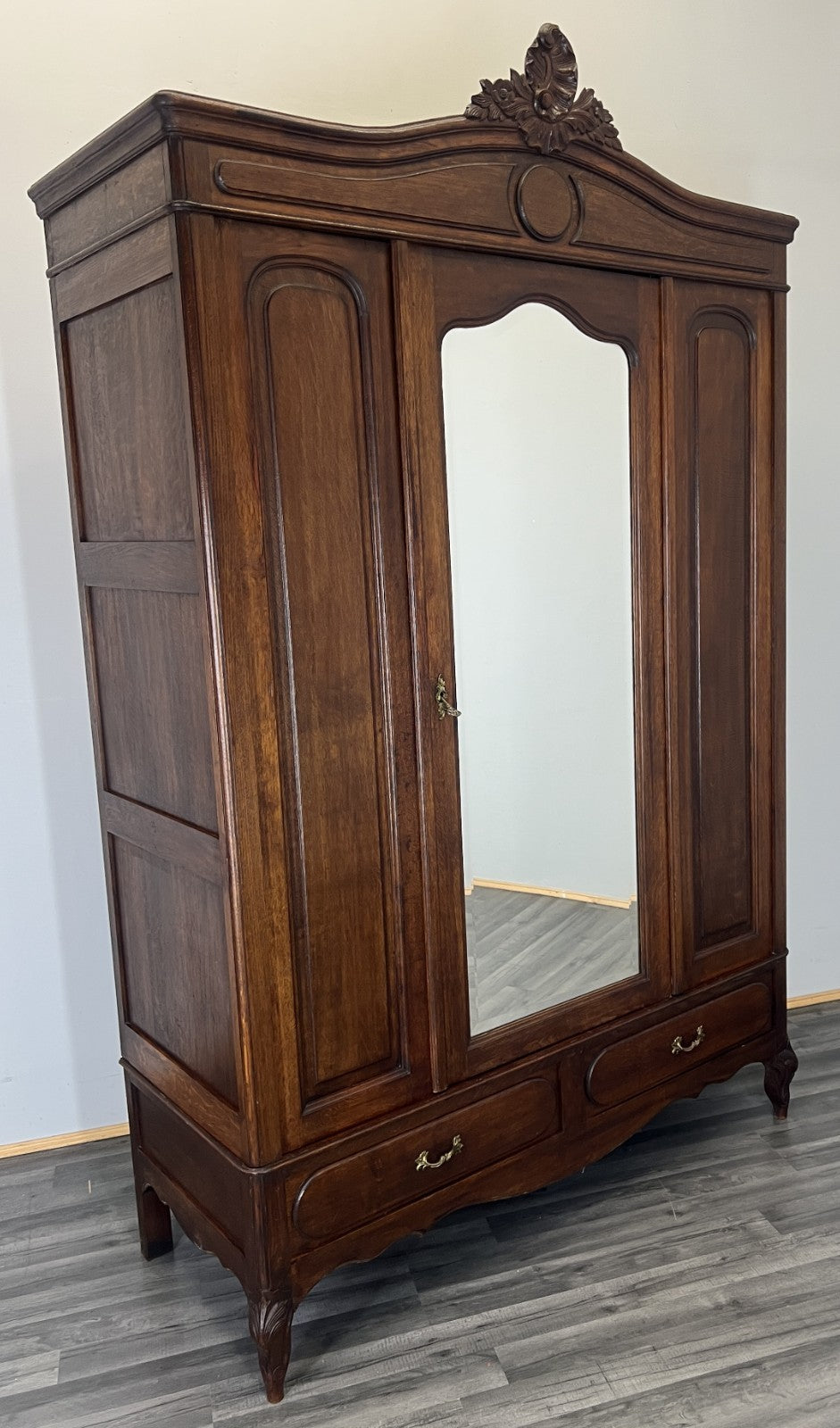 Wardrobe Antique French Style Oak Mirrored Door Carved Armoire LOT 47960