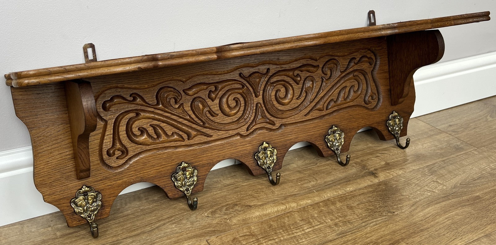 Coat Rack Vintage French Oak Wall Mounted 5 Hooks Carved Rack Hanger LOT 62040