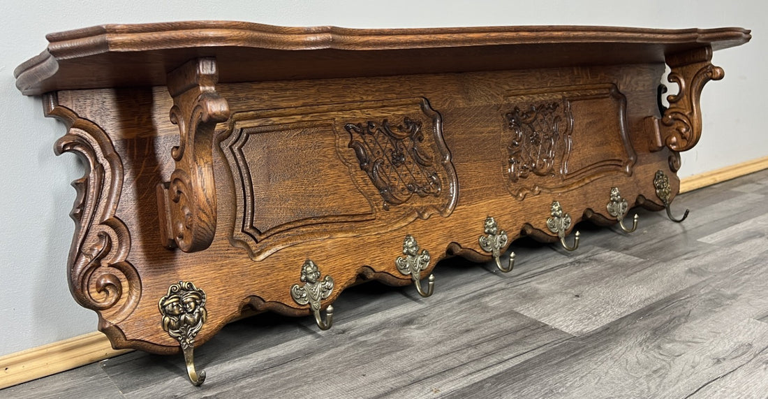 French Vintage Style Coat Rack Oak 7 Hooks Ornate Wall Shelf Coat LOT 47370