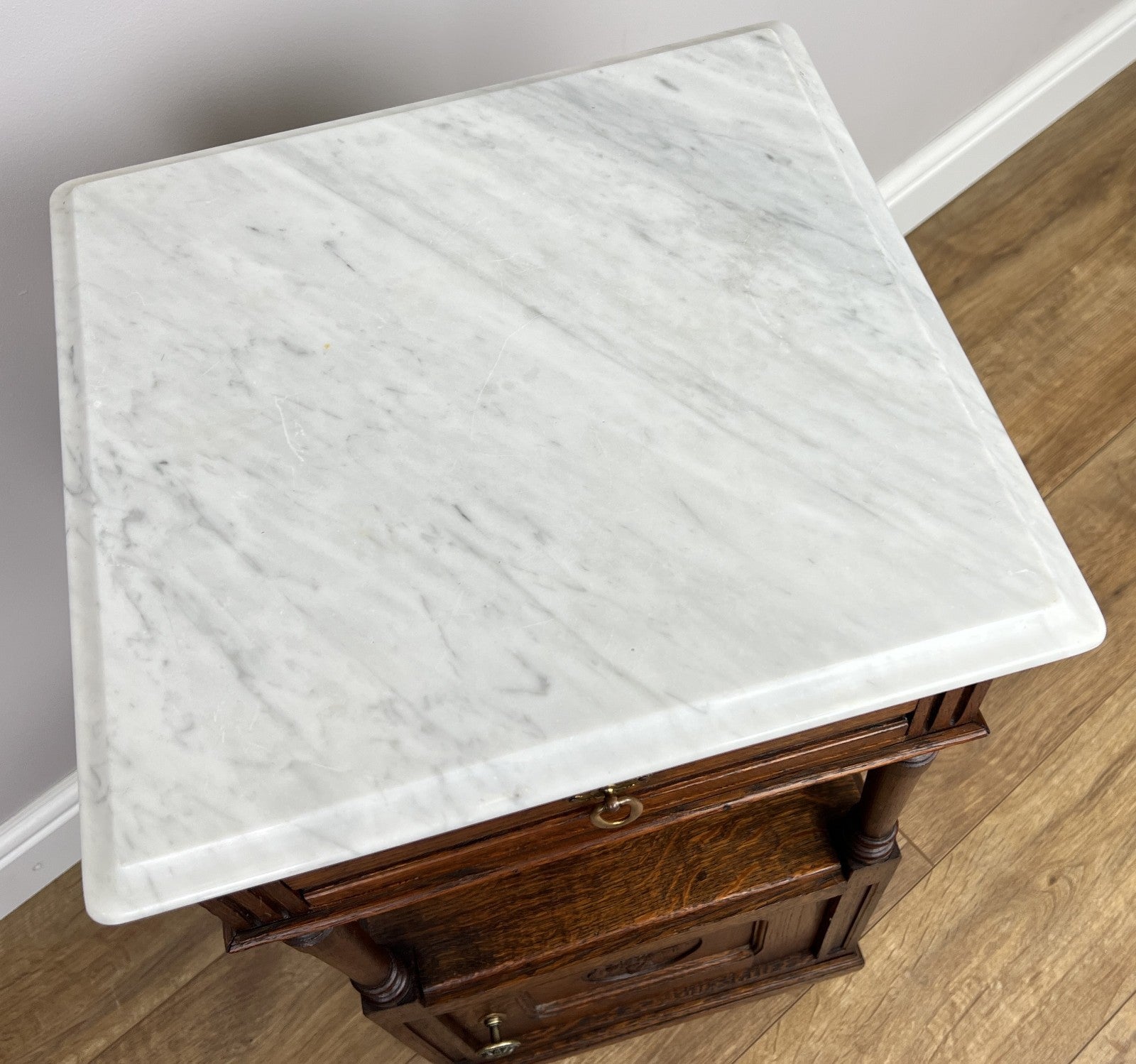 Pair of Bedside Tables Antique French Marble Top Carved Oak Cabinets LOT 491611