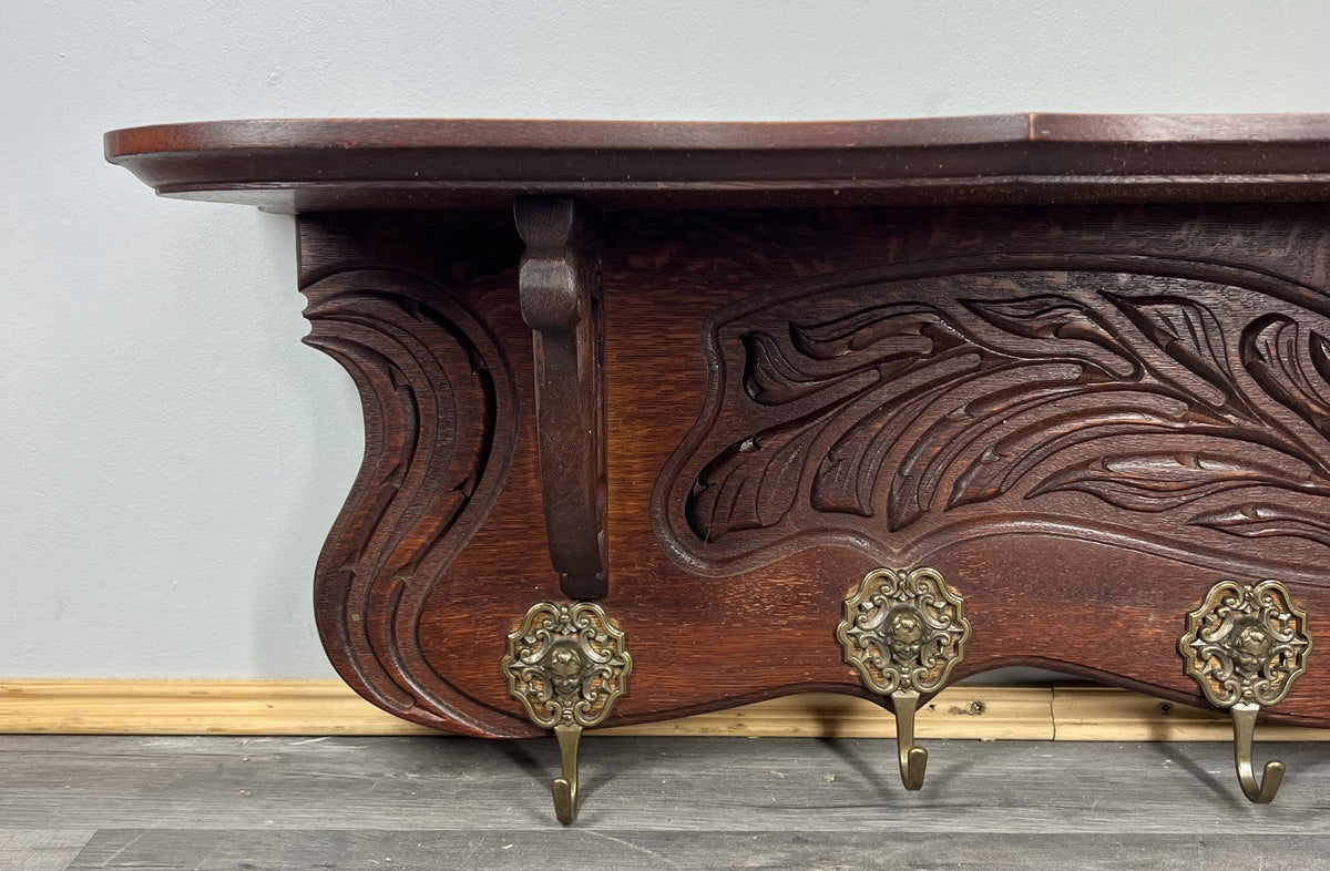 French Vintage Coat Rack Oak 7 Hooks Ornate Wall Shelf Carved Coat LOT 3885