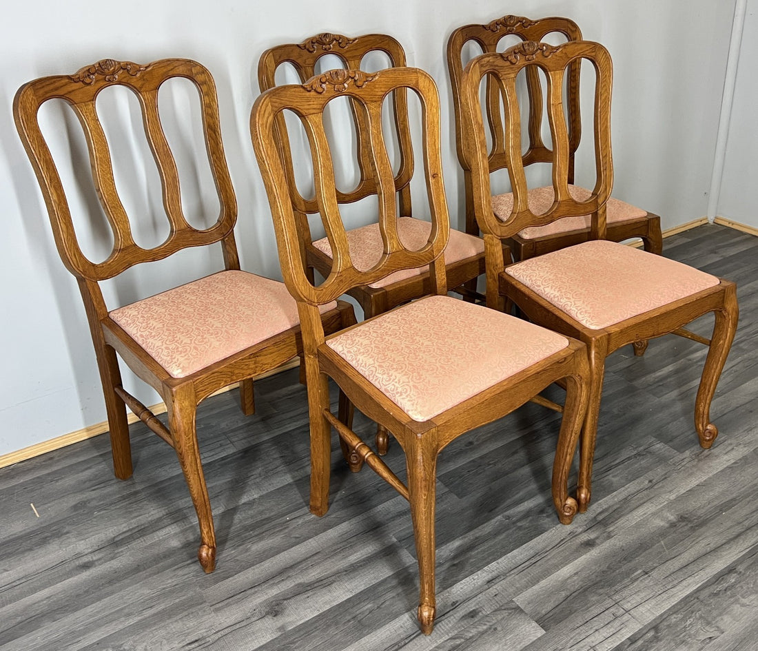 Chairs Vintage French Louis XVI Style Oak Upholstered Set of 5 Carved LOT 44020