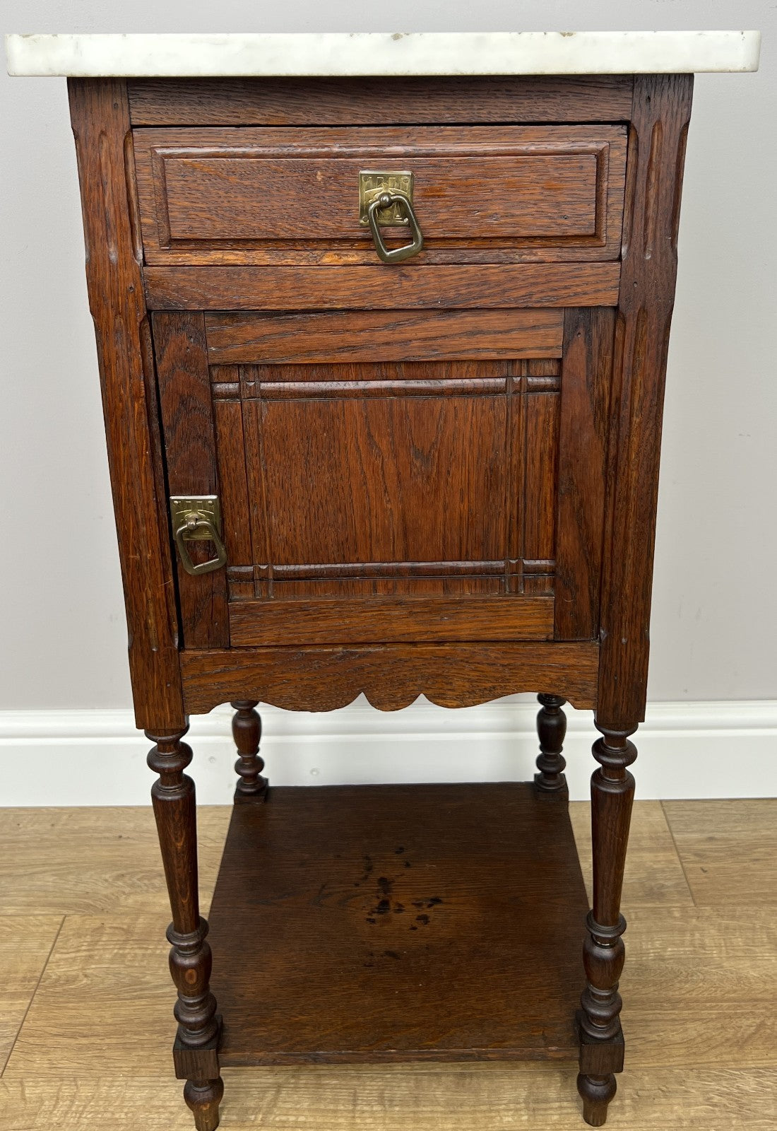 Bedside Table Antique French Style Marble Top Oak Cabinet Nightstand LOT 62461