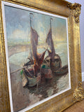 Oil Painting Vintage French Style Signed Coastal Boats Artwork Framed LOT 49428