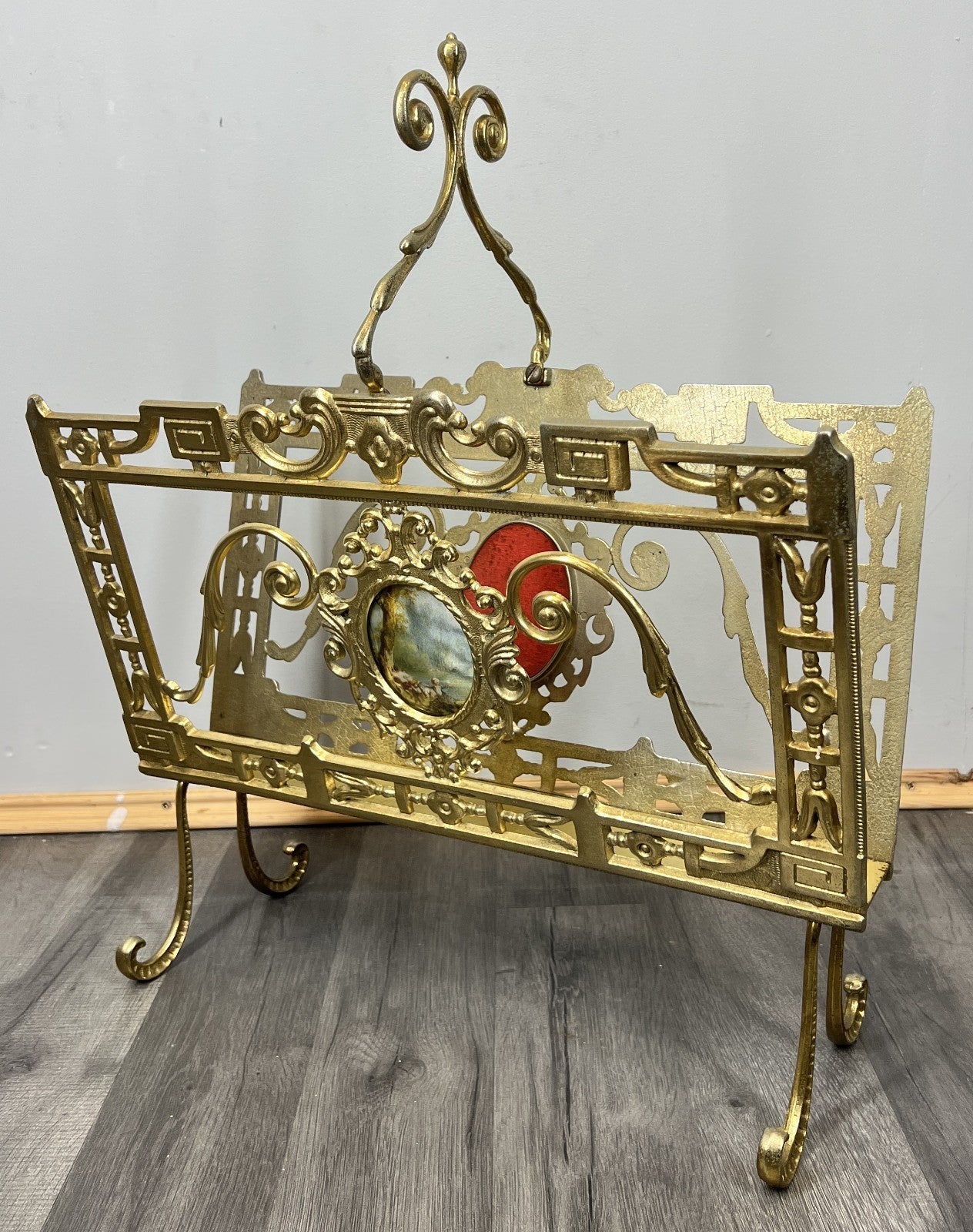 Newspaper Rack Vintage French Brass Ornate Freestanding Holder LOT 46822