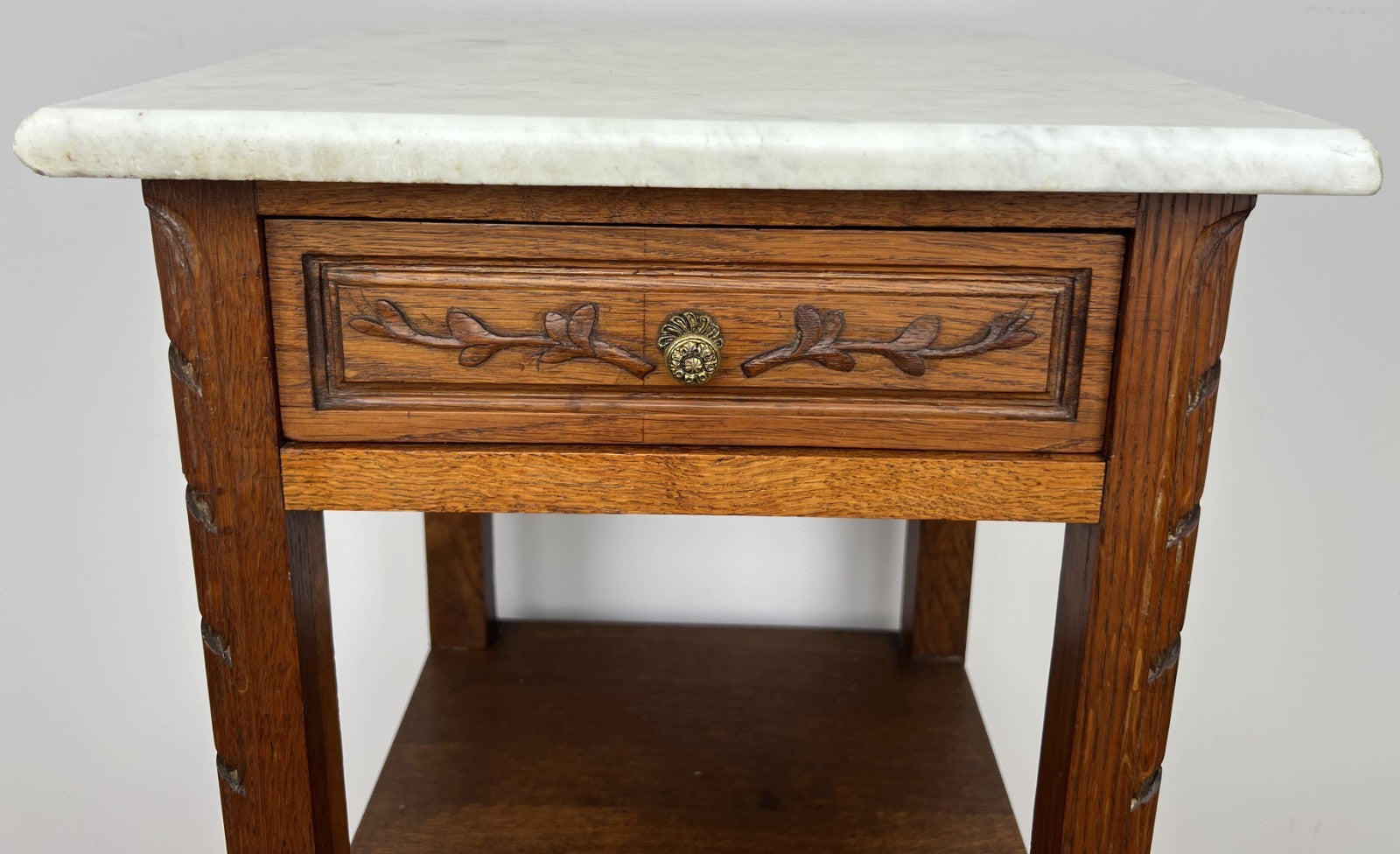 Bedside Table Antique French Style Marble Top Oak Cabinet Nightstand LOT 62405
