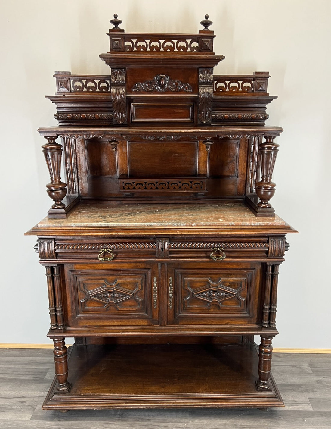 Sideboard Antique French Style Walnut Marble Display Cabinet Cupboard LOT 35760