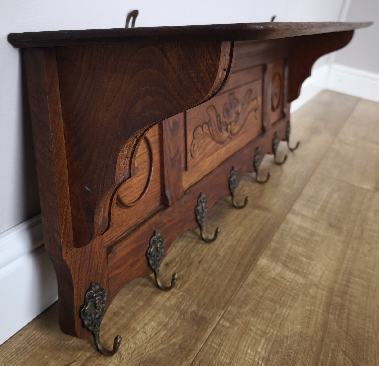 French Vintage Coat Rack Oak 7 Hooks Wall Shelf Carved Coat Hanger LOT 49923