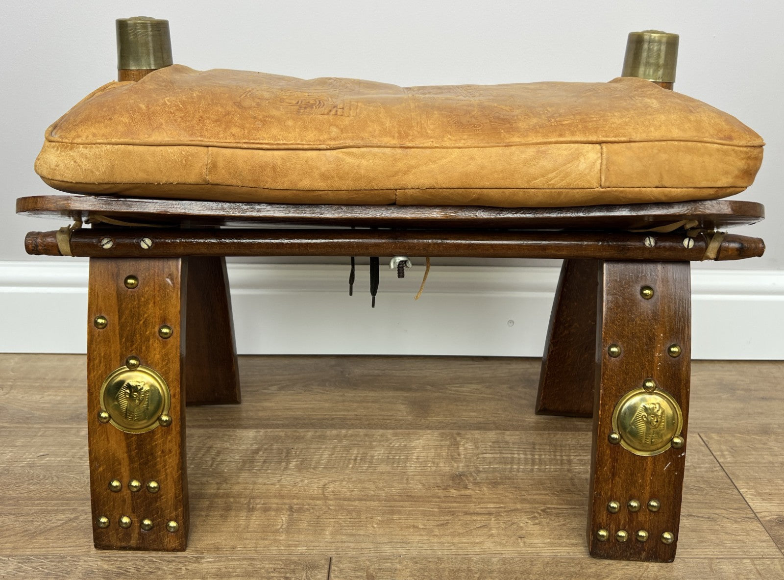 Footstool Vintage Style Oak Stool Brass Upholstered Leather Seat LOT 49572