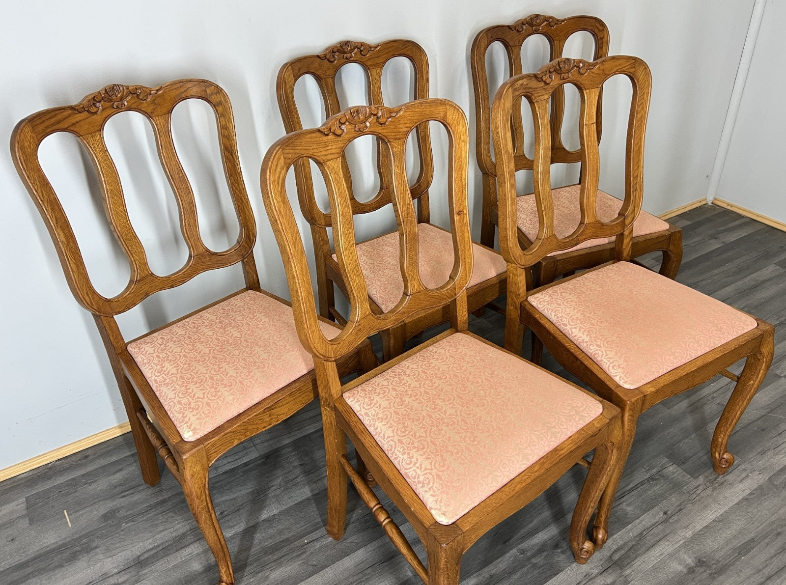 Chairs Vintage French Louis XVI Style Oak Upholstered Set of 5 Carved LOT 44023