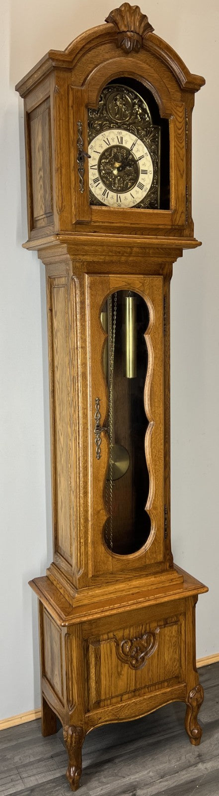 Clock Vintage French Louis Oak Longcase Grandfather Brass Dial Weights LOT 44701