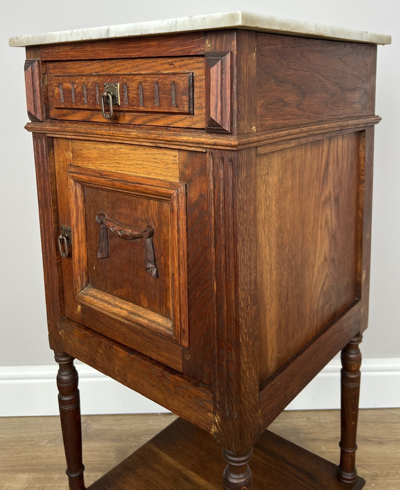 Bedside Table Antique French Oak Marble Top Cupboard Carved Cabinet LOT 601310