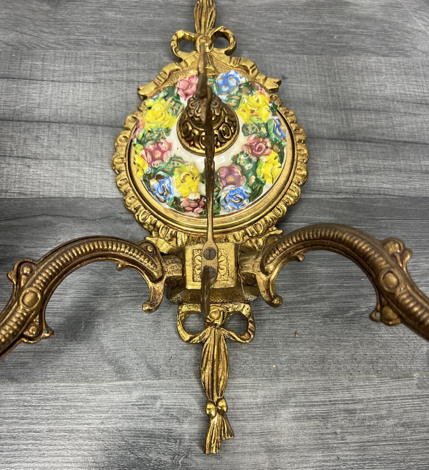 Pair of Wall Lights Vintage Spanish Porcelain Brass Floral Sconces LOT 44155