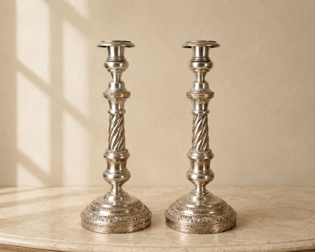 Candlesticks Pair  Vintage French Silver Plated Ornate Holders LOT 4025