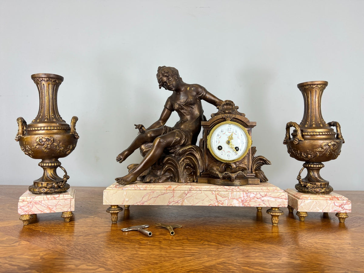 Mantel Clock Antique French Art Nouveau Style Bronze Garniture Set LOT 4639