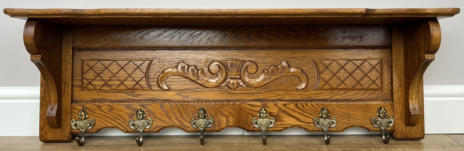 Coat Rack Vintage French Oak Wall Mounted 6 Hooks Carved Rack Hanger LOT 62093