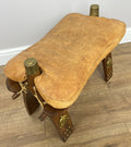 Footstool Vintage Style Oak Stool Brass Upholstered Leather Seat LOT 49577