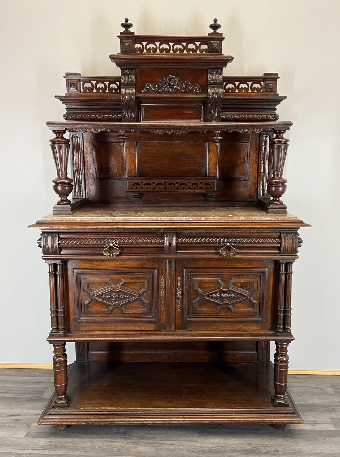Sideboard Antique French Style Walnut Marble Display Cabinet Cupboard LOT 35760