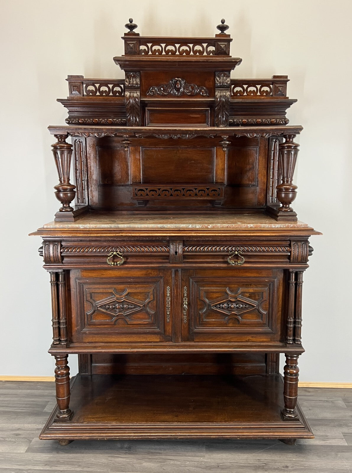 Sideboard Antique French Style Walnut Marble Display Cabinet Cupboard LOT 35760