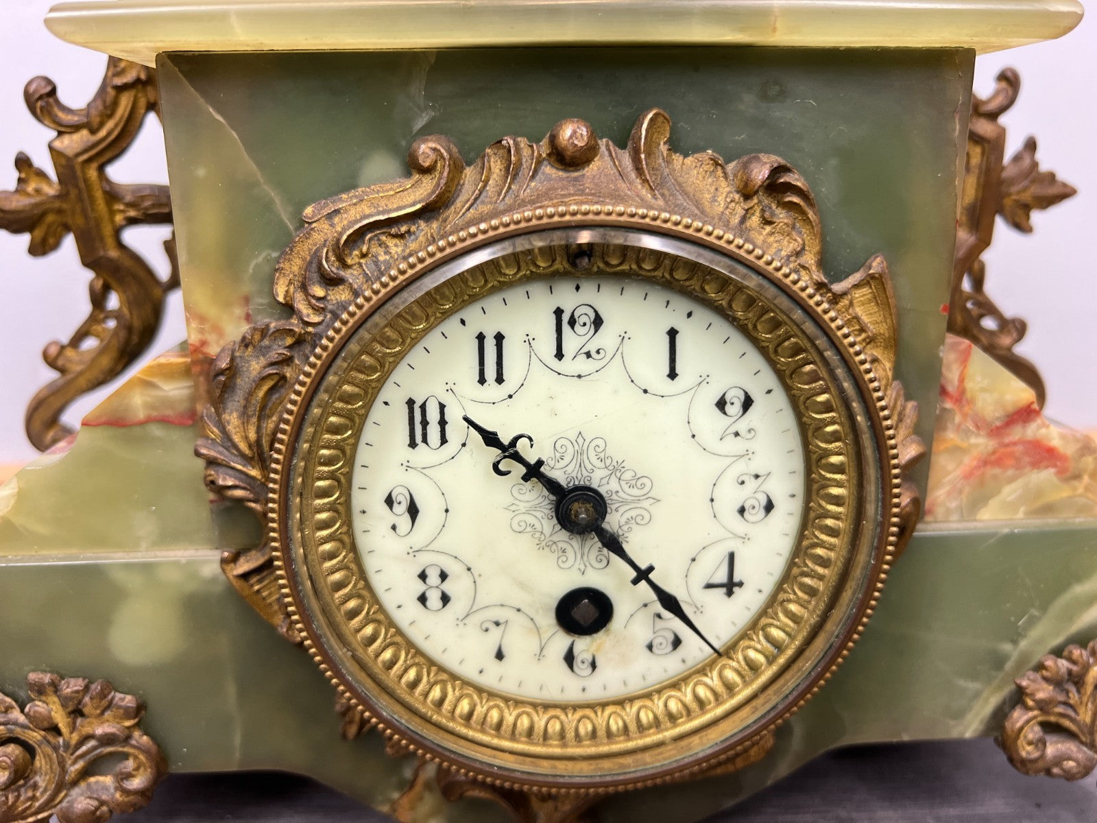 Clock Set Vintage French Onyx Brass Mantel Clock with 4-Arm Candelabras LOT 44136
