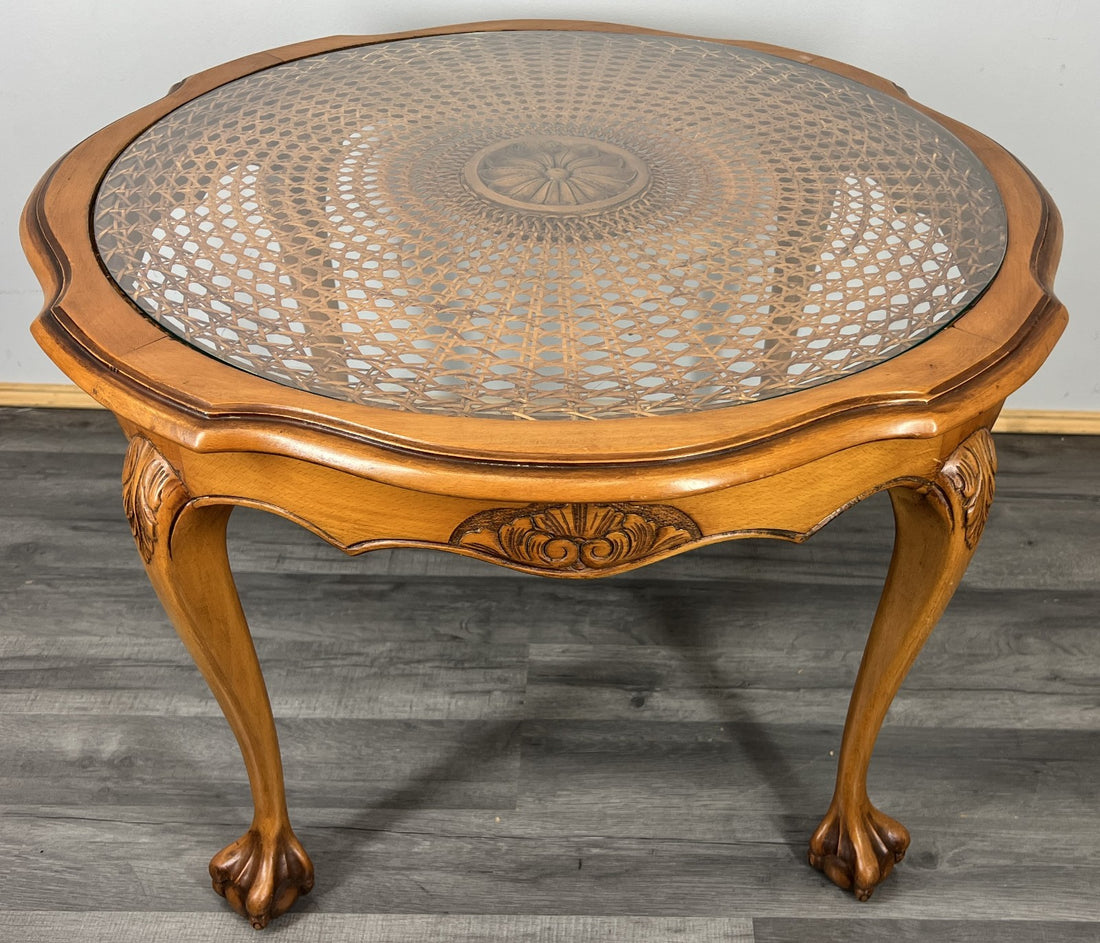 Coffee Table Vintage French Oak Round Glass Top Ornate Cane Table LOT 44620