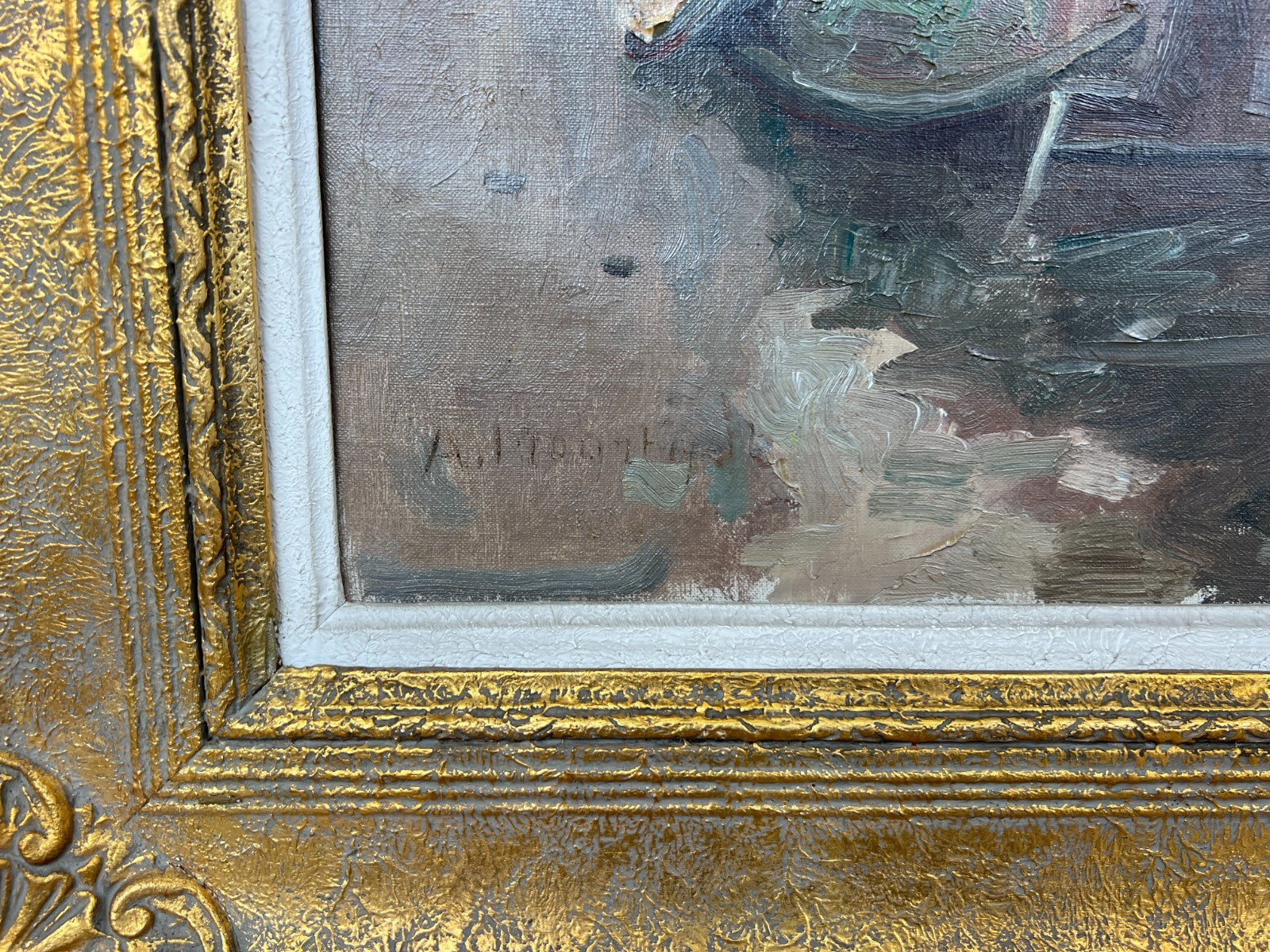 Oil Painting Vintage French Style Signed Coastal Boats Artwork Framed LOT 49423