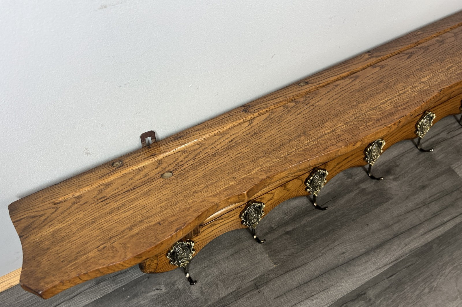 French Vintage Coat Rack Oak 7 Hooks Wall Shelf Carved Coat Hanger LOT 44938