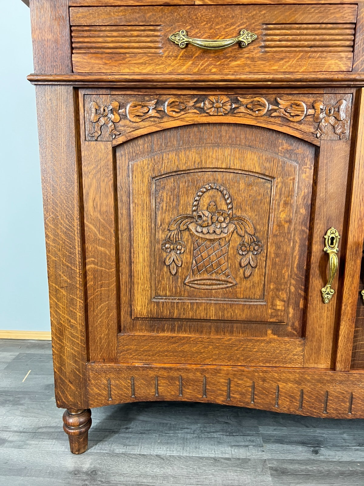 Cabinet Antique French Marble Top Oak Carved with Drawers Sideboard LOT 4070