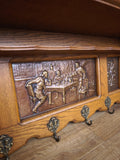French Vintage Coat Rack Oak 6 Hooks Wall Shelf Brass Panel Coat Hanger LOT 49935
