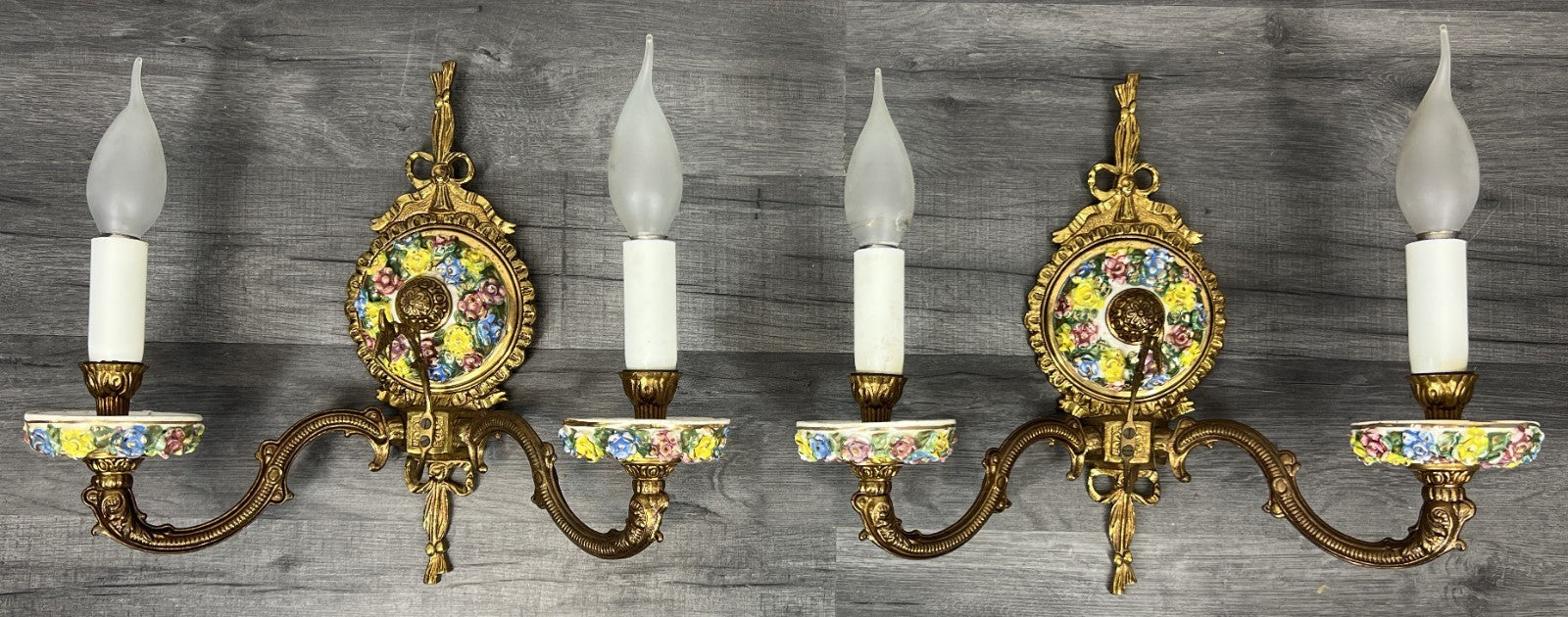 Pair of Wall Lights Vintage Spanish Porcelain Brass Floral Sconces LOT 44151