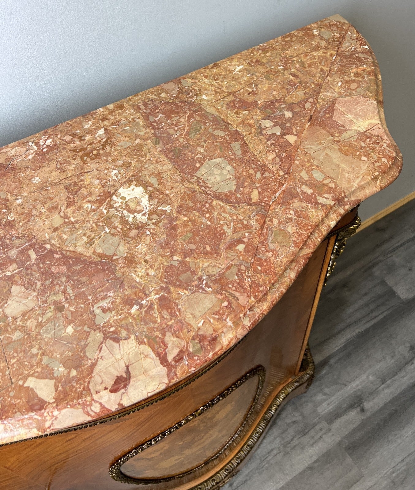 Cabinet Vintage French Marble Top Inlaid Sideboard with Brass Ormolu LOT 433115