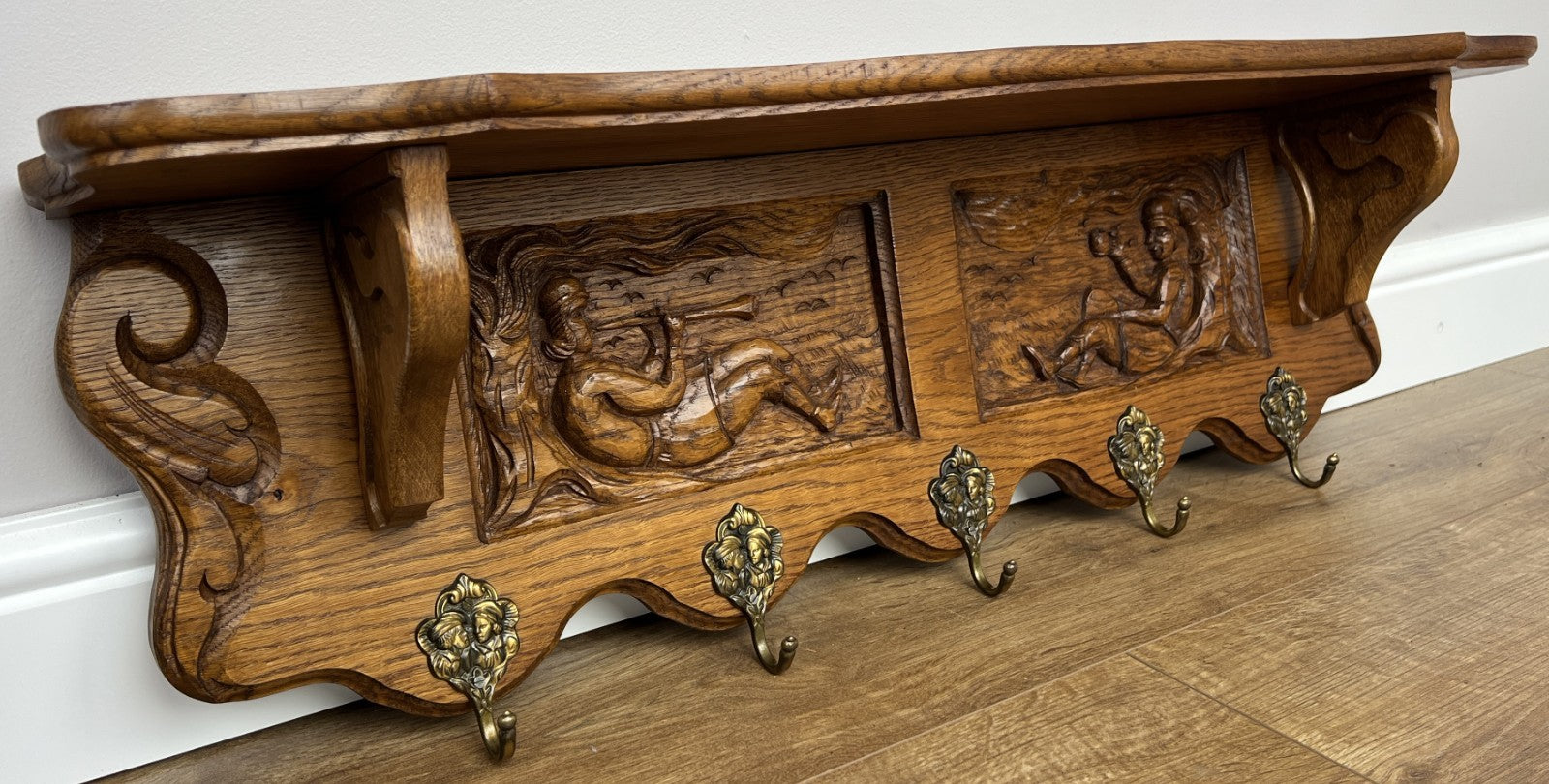 French Vintage Coat Rack Oak 5 Hooks Wall Shelf Carved Coat Hanger LOT 49040