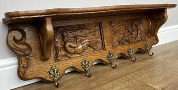 French Vintage Coat Rack Oak 5 Hooks Wall Shelf Carved Coat Hanger LOT 49040