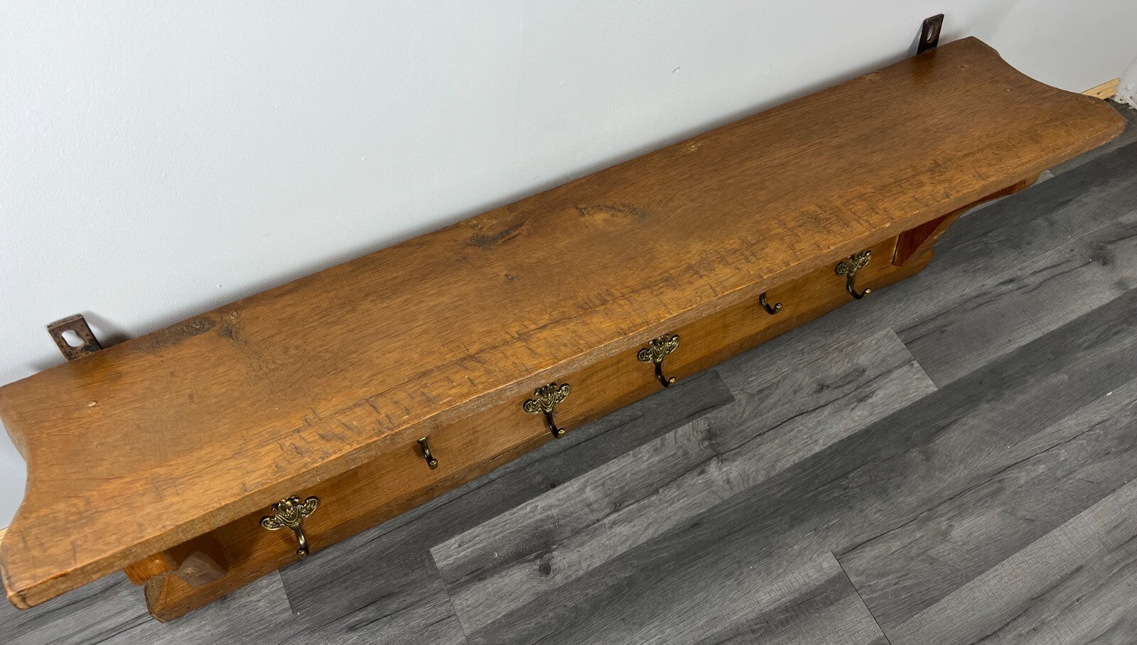 Coat Rack Antique French Oak Wall Shelf 6 Hook Carved Coat Hanger LOT 26416