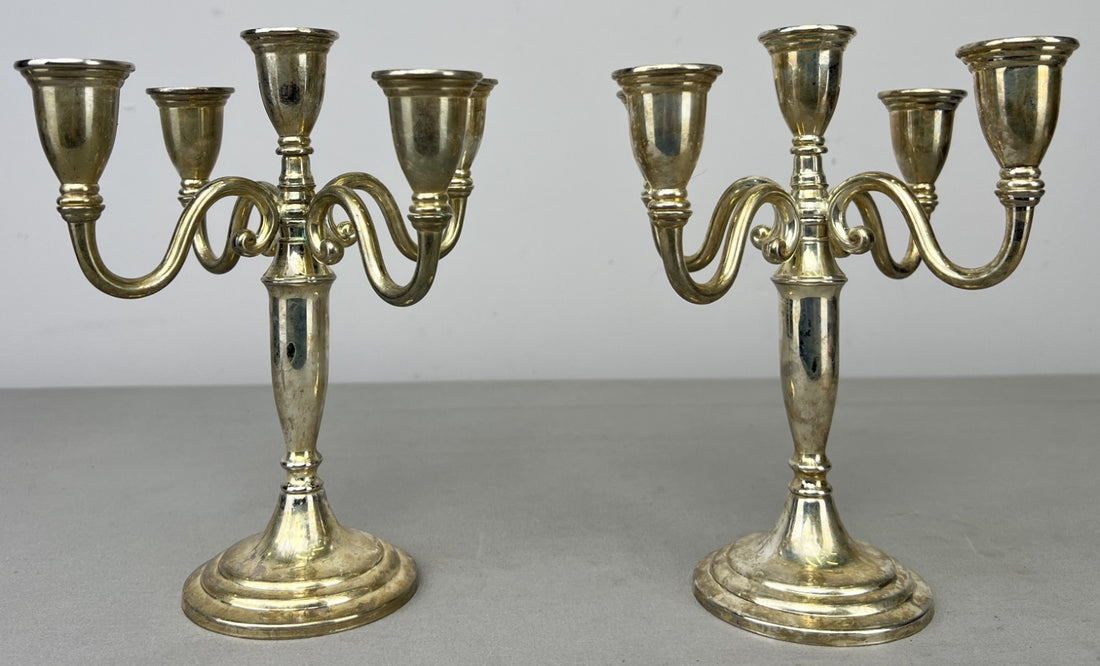 Pair of Candelabras Vintage French Style Metal Five Arm Candle Holders LOT 6484