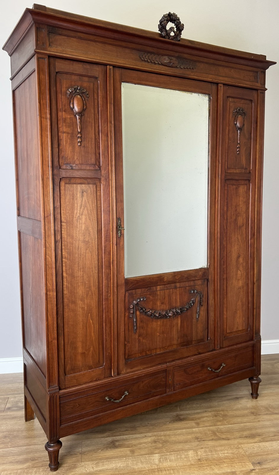 Wardrobe Antique French Walnut Two Door Mirrored Carved Armoire Cabinet LOT 60830