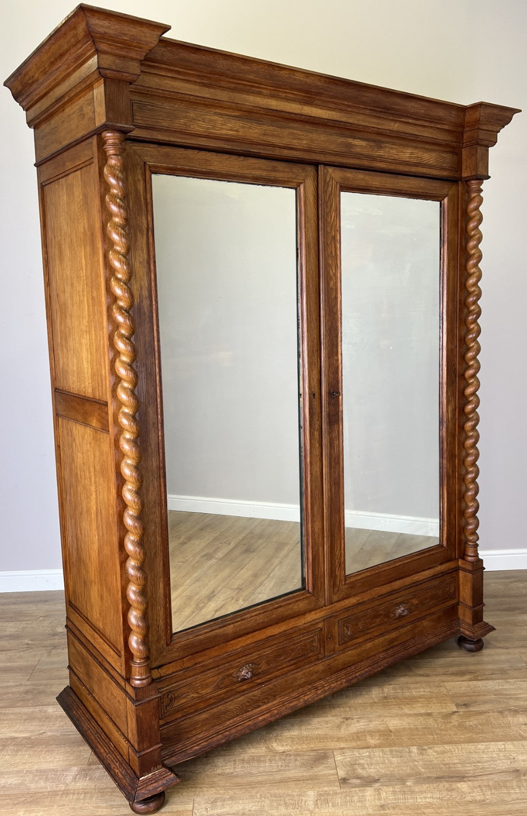 Wardrobe Antique French Oak Two Door Mirrored Carved Armoire Cabinet LOT 61240