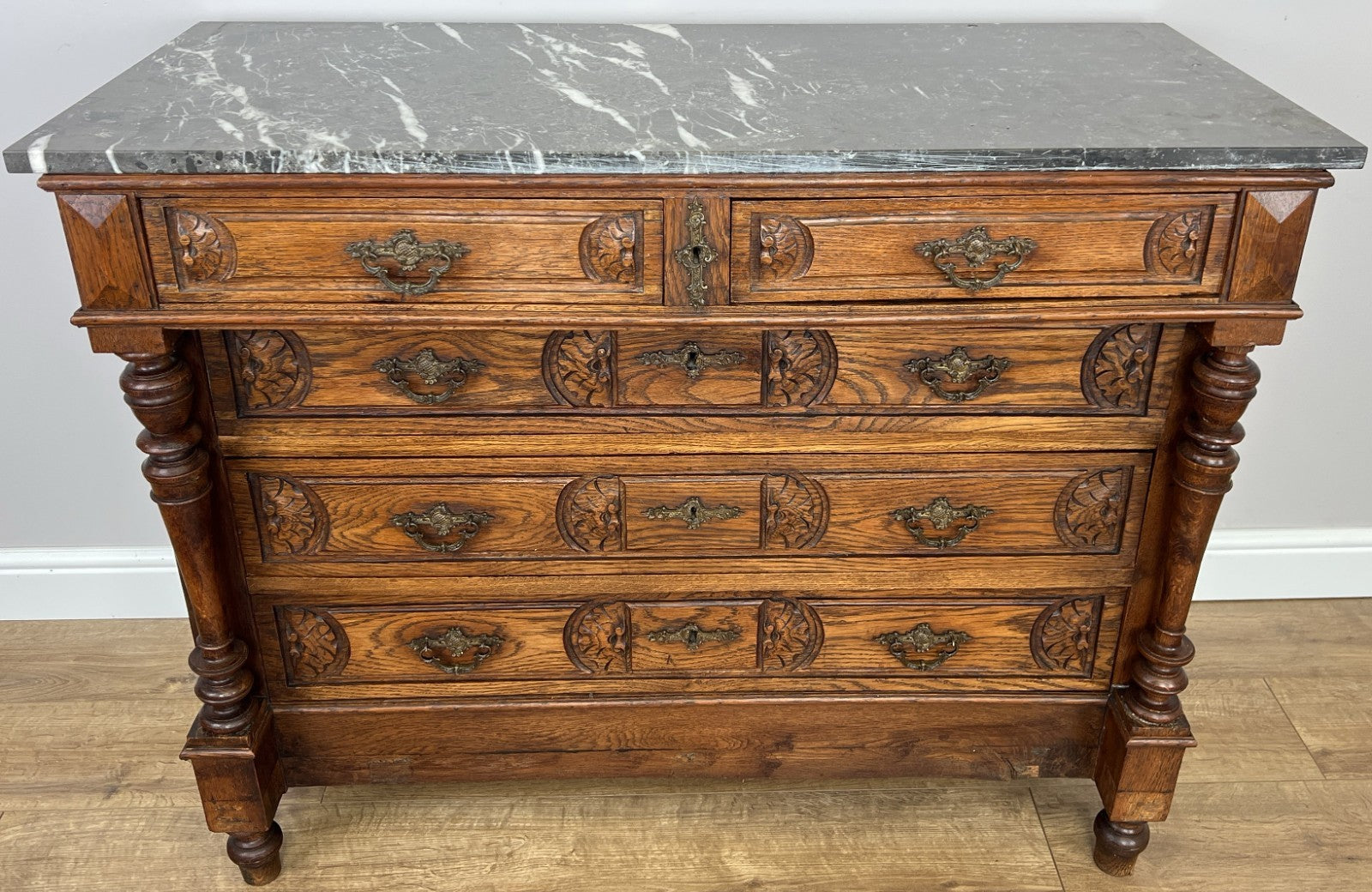Chest of Drawers Antique French Style Marble Top Walnut Cabinet LOT 60777