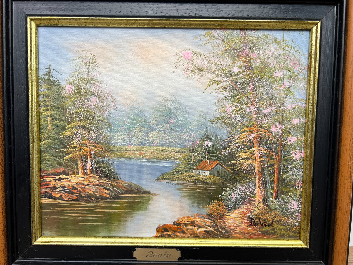 Painting Vintage French Style Signed Landscape Lake Cottage Framed LOT 6469